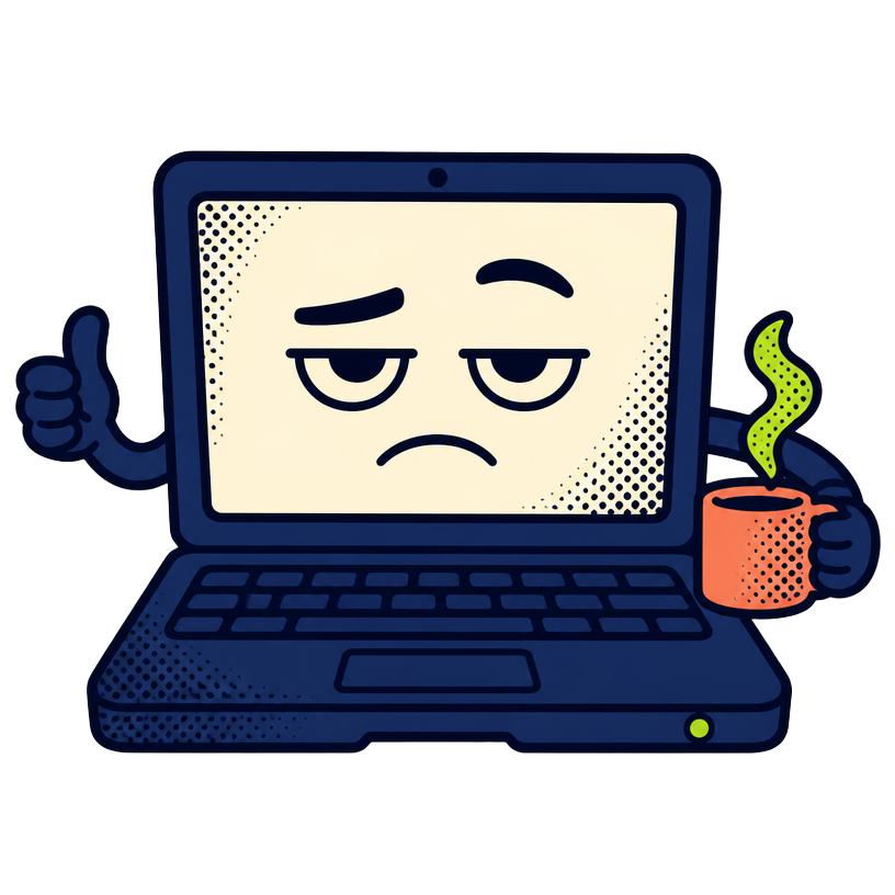 Illustrazione cartoon di un notebook imbronciato con una tazza di caffè