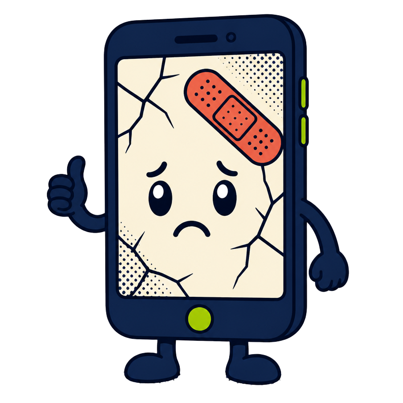 Illustrazione cartoon di uno smartphone con lo schermo rotto e un cerotto