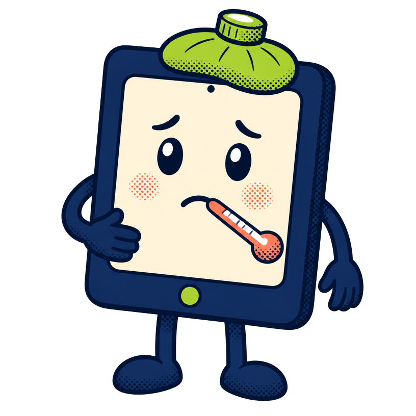 Illustrazione cartoon di un tablet con il termometro, come un paziente